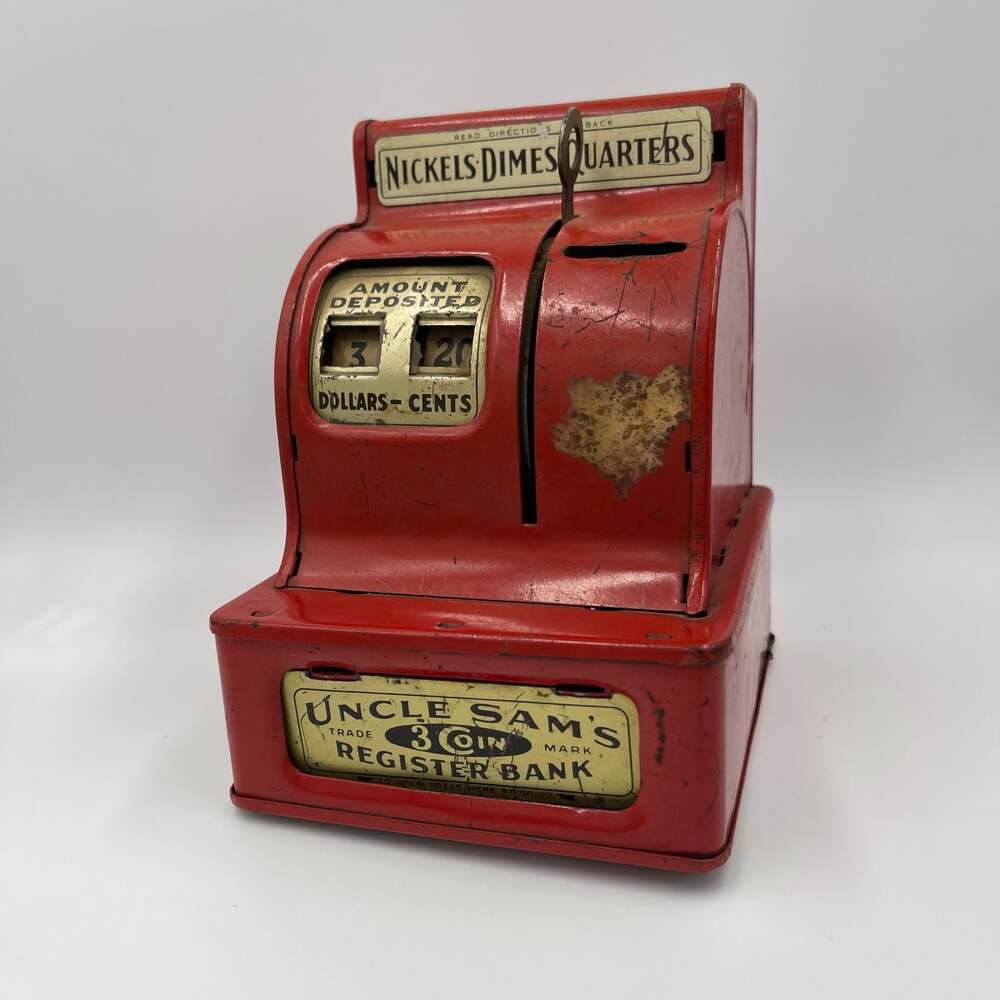 Vintage Uncle Sam's 3 Coin Register Bank Red Metal Toy Cash Register - Picture 2 of 5